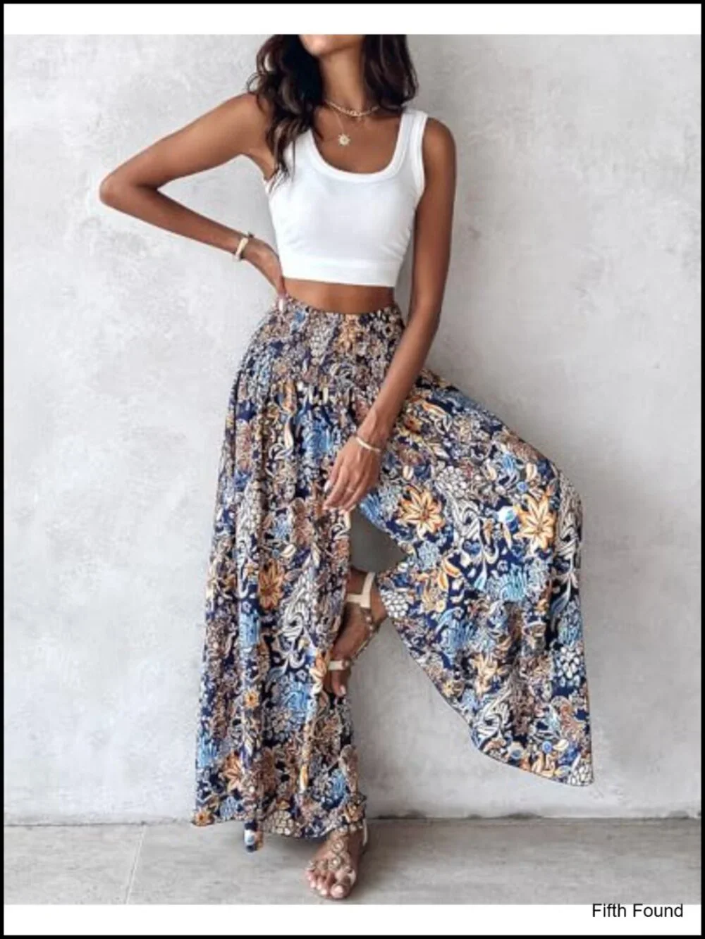 Boho Floral Shirred High Waisted Wide Leg Palazzo Pants Flow